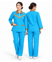 Sky Blue Maid Uniform Set with Brown Contrast Trim – Long Sleeve Tunic & Trousers