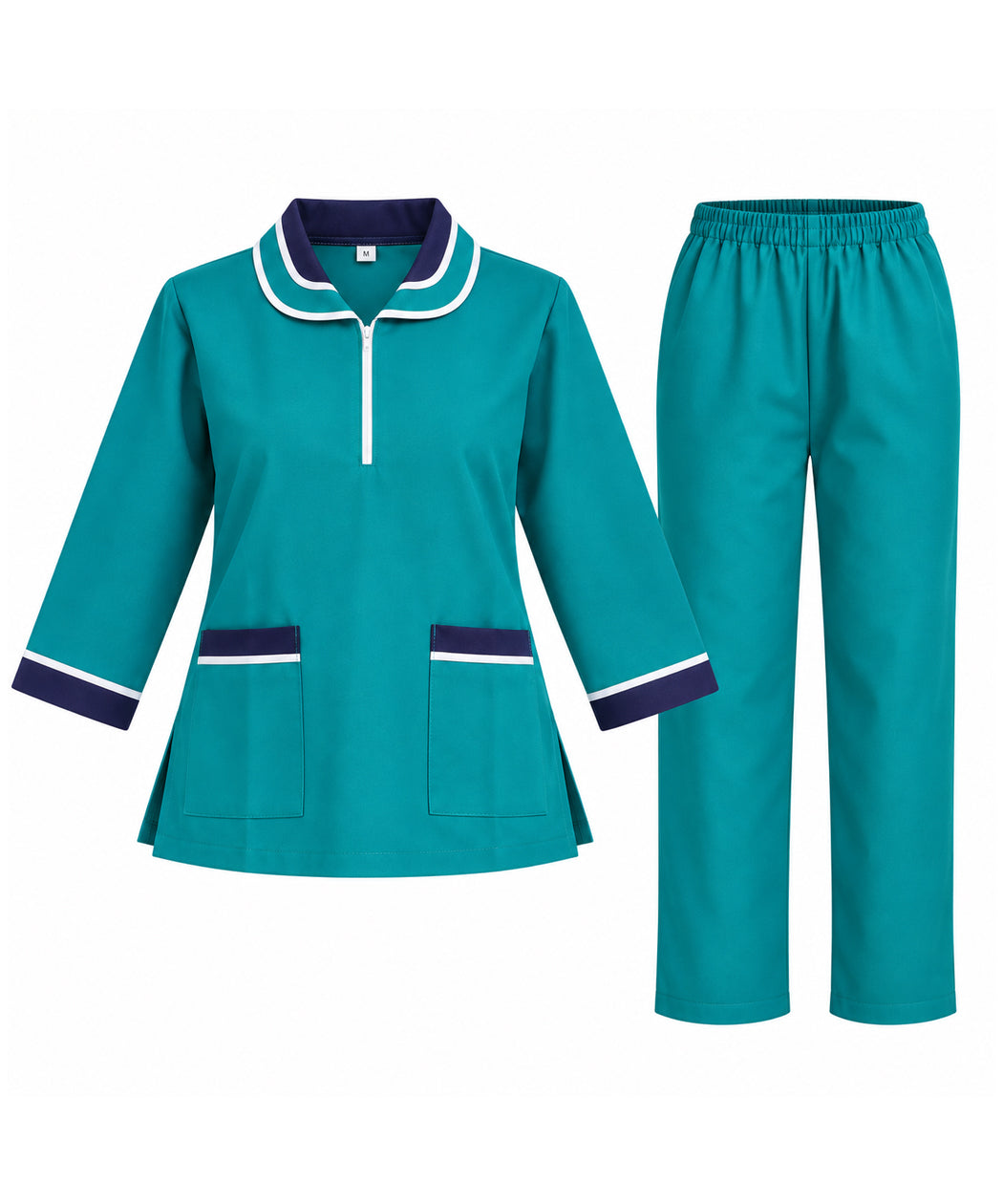 Teal Maid Uniform Scrub Set with Navy & White Contrast Trim – Long Sleeve Tunic & Trousers