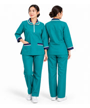 Teal Maid Uniform Scrub Set with Navy & White Contrast Trim – Long Sleeve Tunic & Trousers