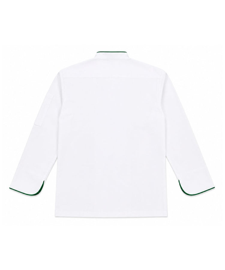 White Heavy Chef Coat with Green Piping & Round Buttons