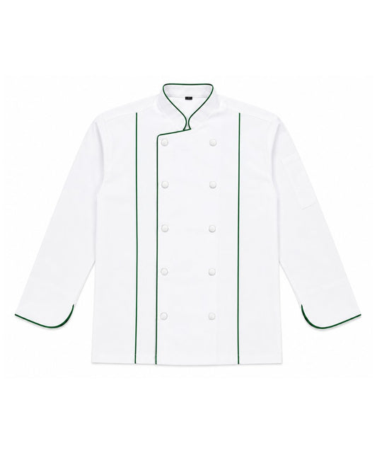 White Heavy Chef Coat with Green Piping & Round Buttons