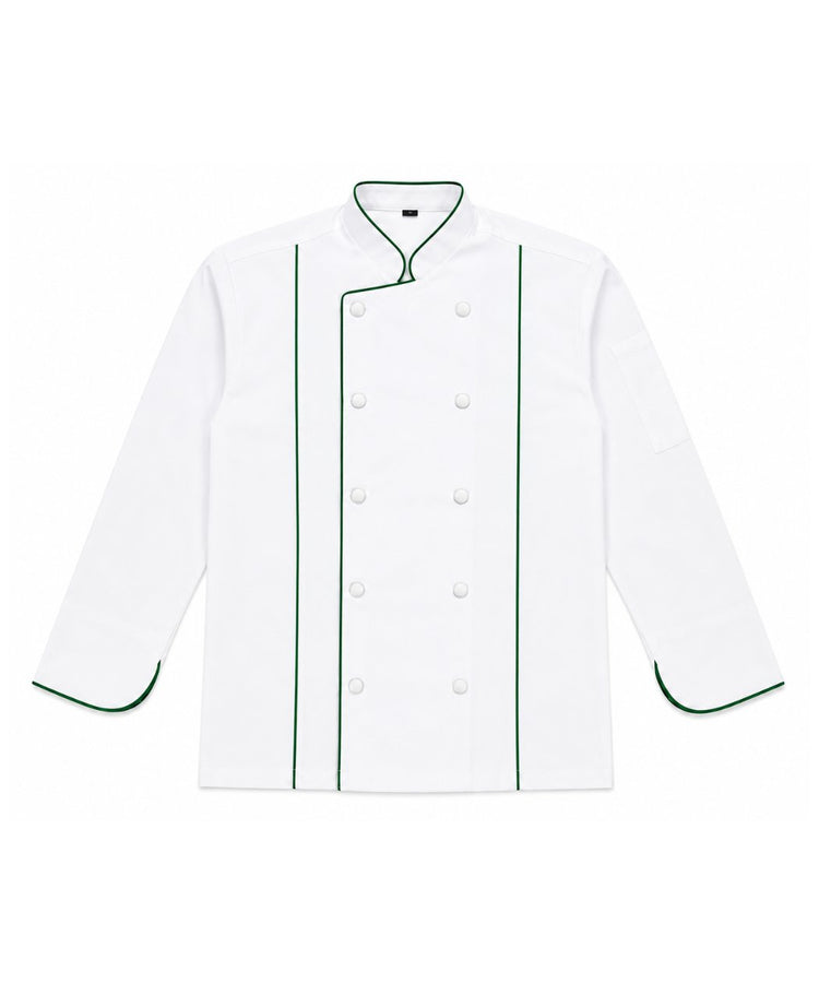 White Heavy Chef Coat with Green Piping & Round Buttons