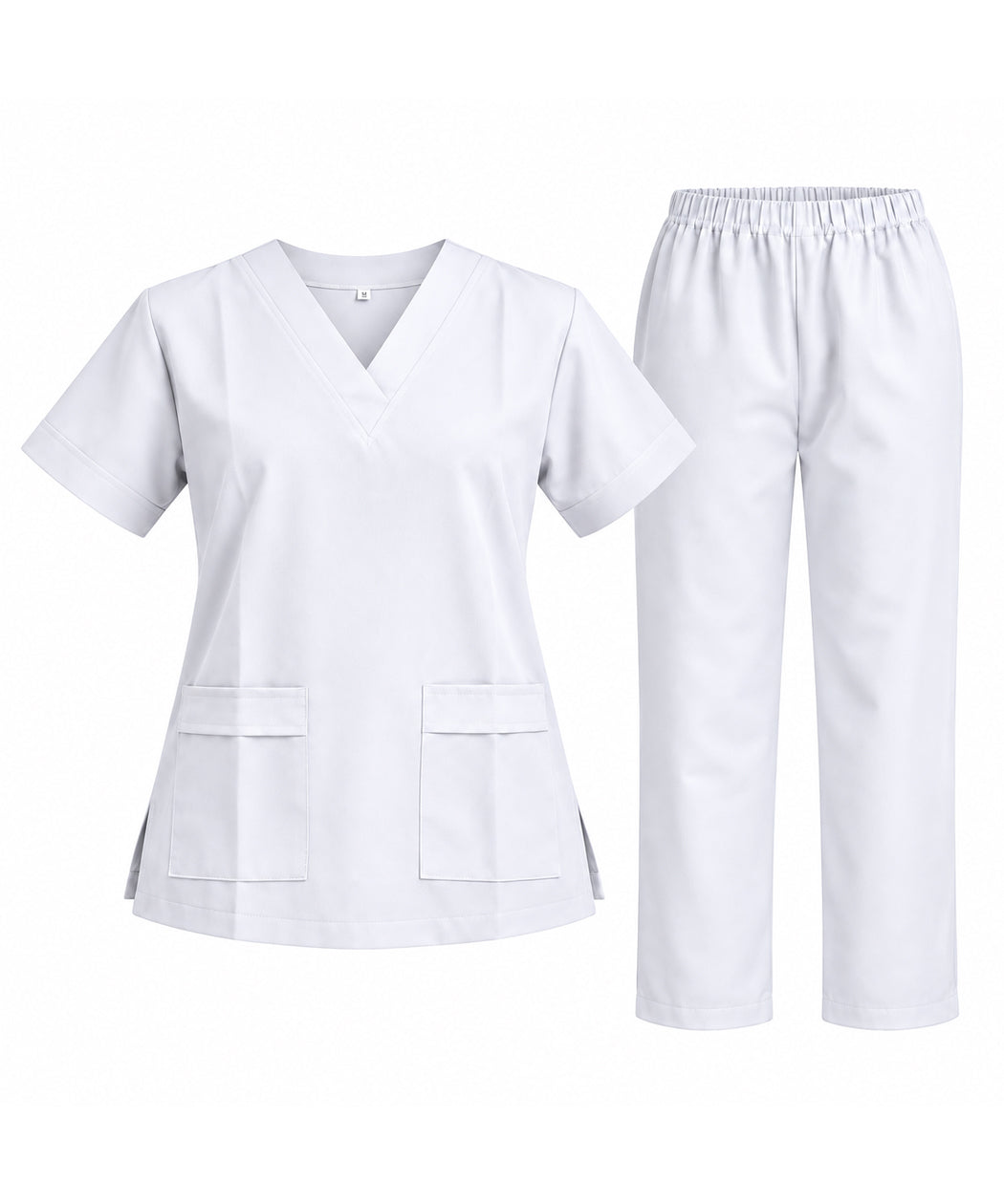White V-Neck Short Sleeves Maid Uniform Scrub Set - Tunic Top & Trousers