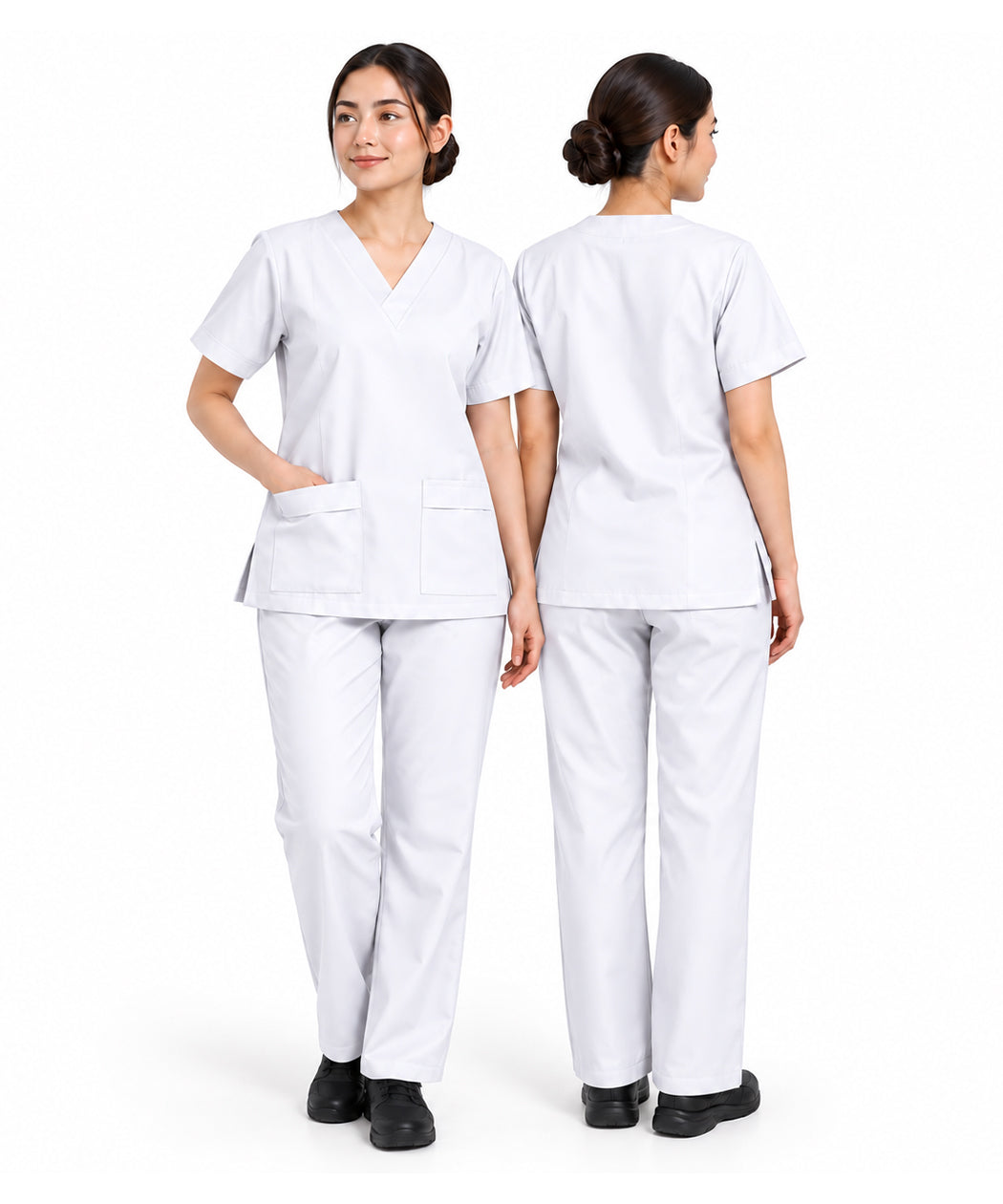 White V-Neck Short Sleeves Maid Uniform Scrub Set - Tunic Top & Trousers