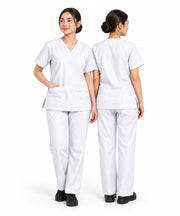 White V-Neck Short Sleeves Maid Uniform Scrub Set - Tunic Top & Trousers